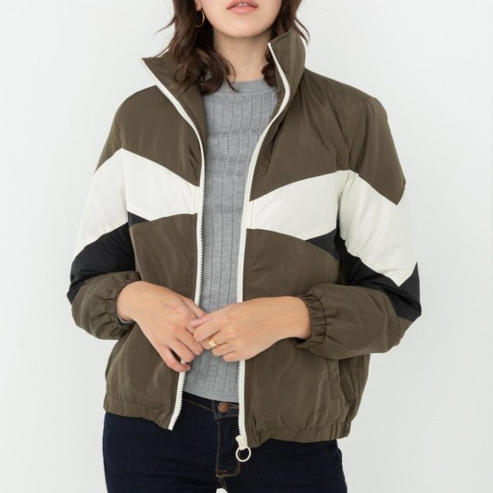 Olive Color-blocked Puffer Jacket